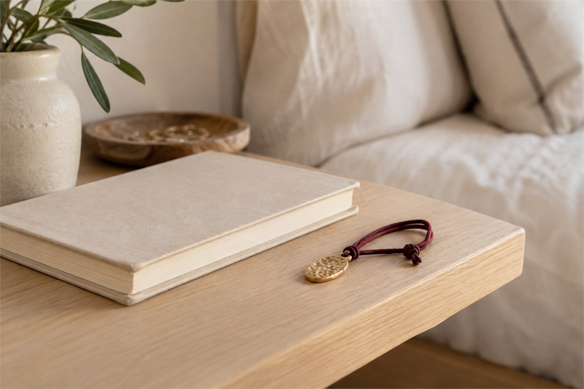 Textured oval charm on a dark red cord beside a closed journal on a wooden shelf.