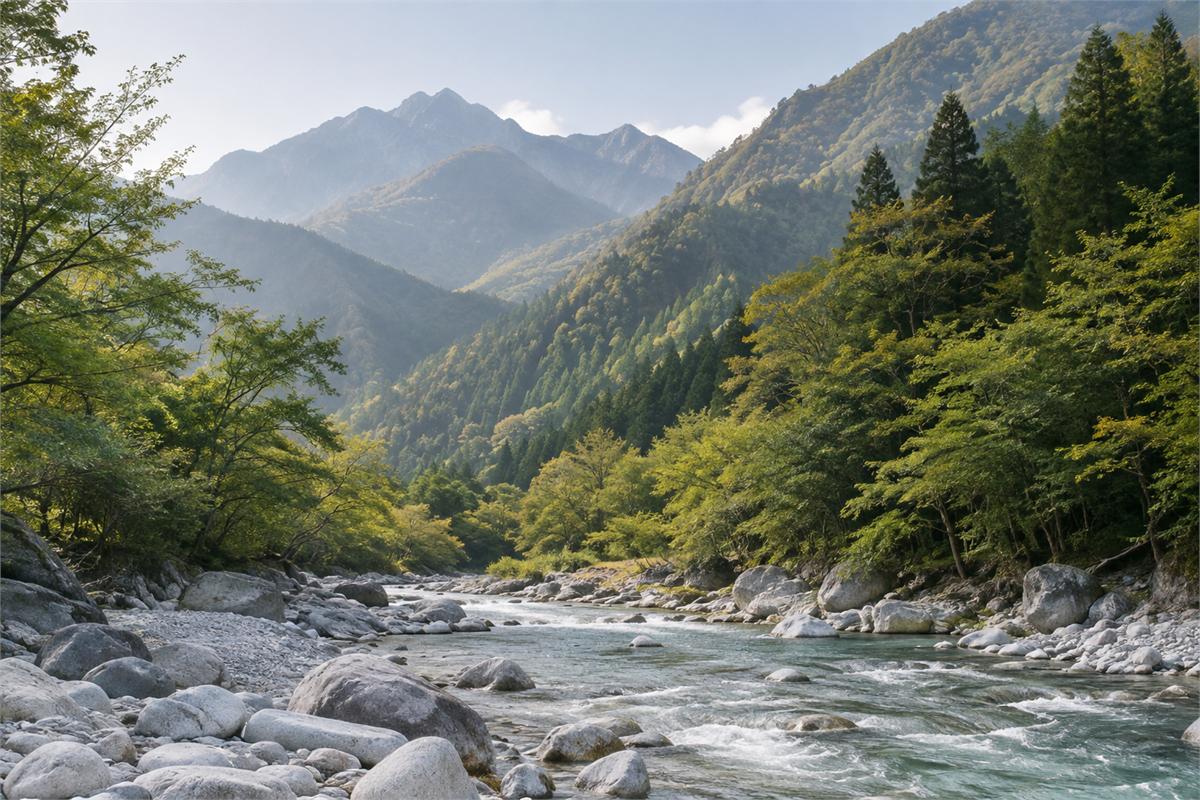 Wooded mountain slopes above a rocky river in a Japanese landscape illustration.