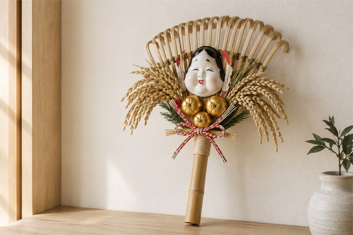 Decorated bamboo rake with rice ears, a smiling mask, gold ornaments, and red-white cord.