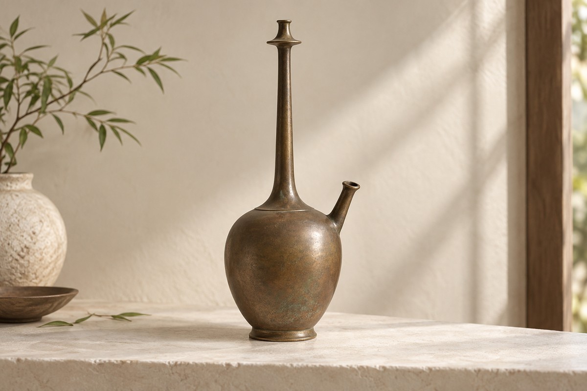 Bronze vessel with a long narrow neck and a separate short shoulder spout.
