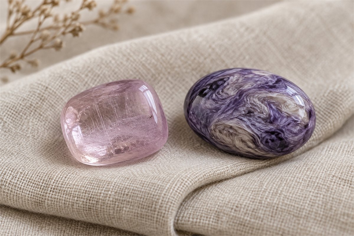 A pale lilac kunzite stone beside a patterned purple charoite cabochon.