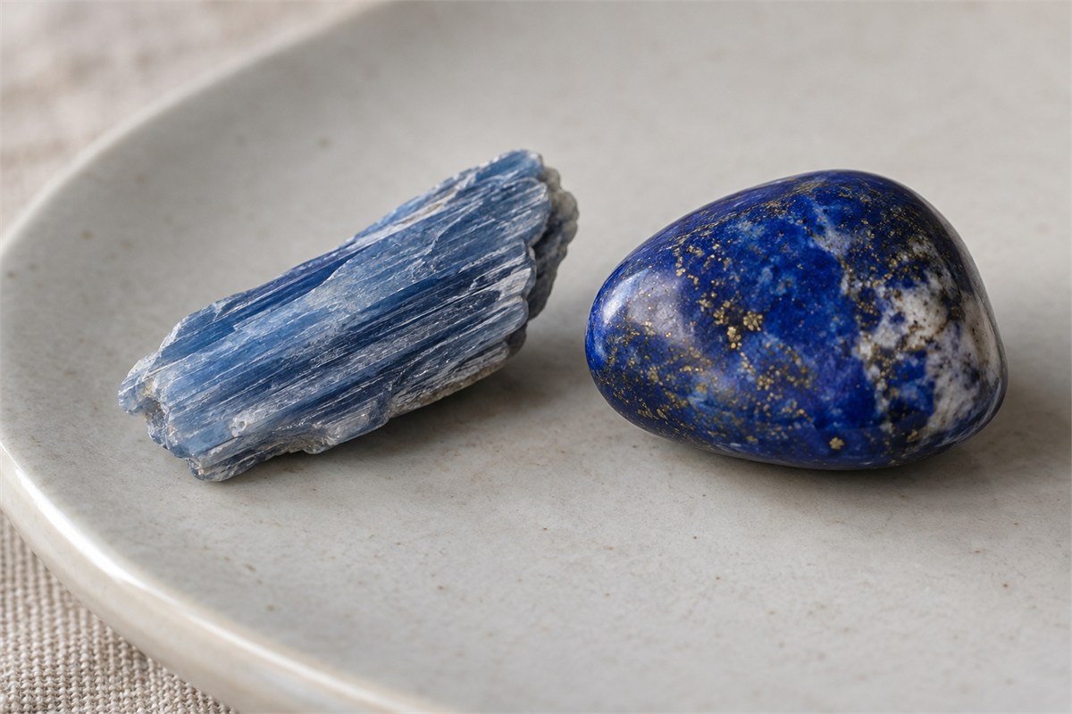 A blue kyanite blade beside a polished lapis lazuli stone with small pale and golden flecks.