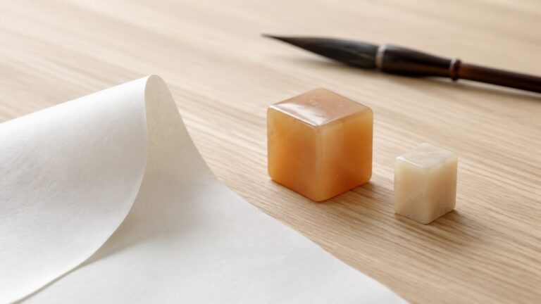 Honey-colored and cloudy cream seal blanks with paper and a brush on a pale wooden desk.