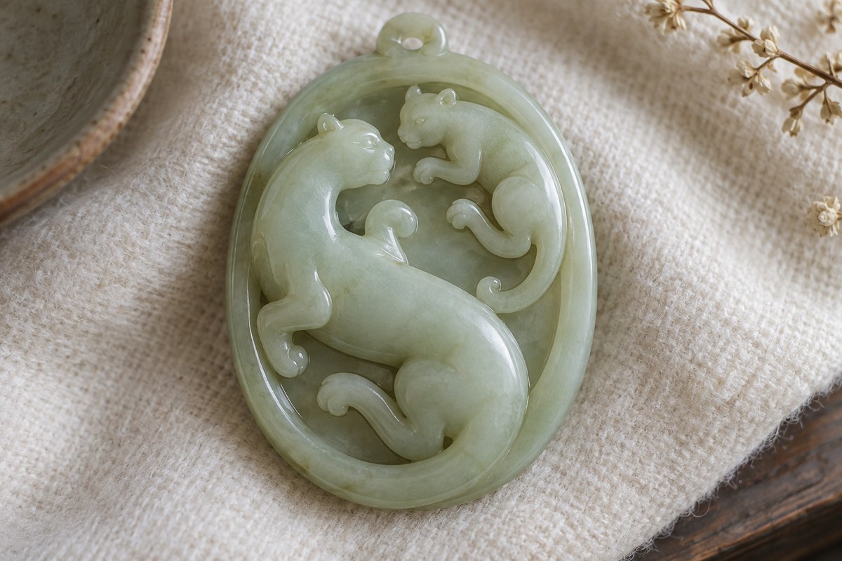 Large and small chi facing one another on an oval pale green jade pendant.