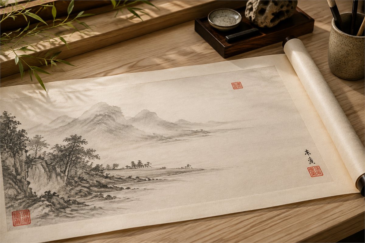 Ink scroll with exactly three red impressions in leading, name, and lower-corner positions