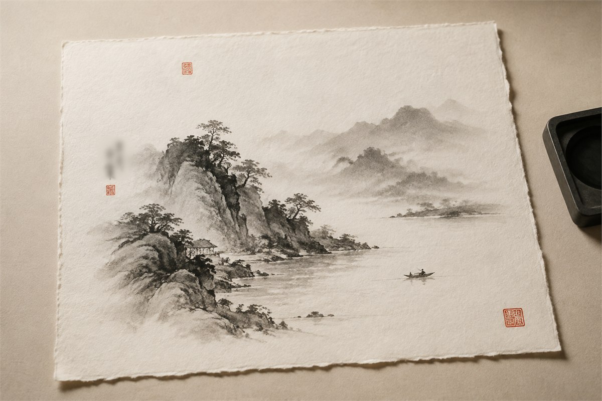 Ink landscape with separate upper leading lower corner and small signature-area seal impressions