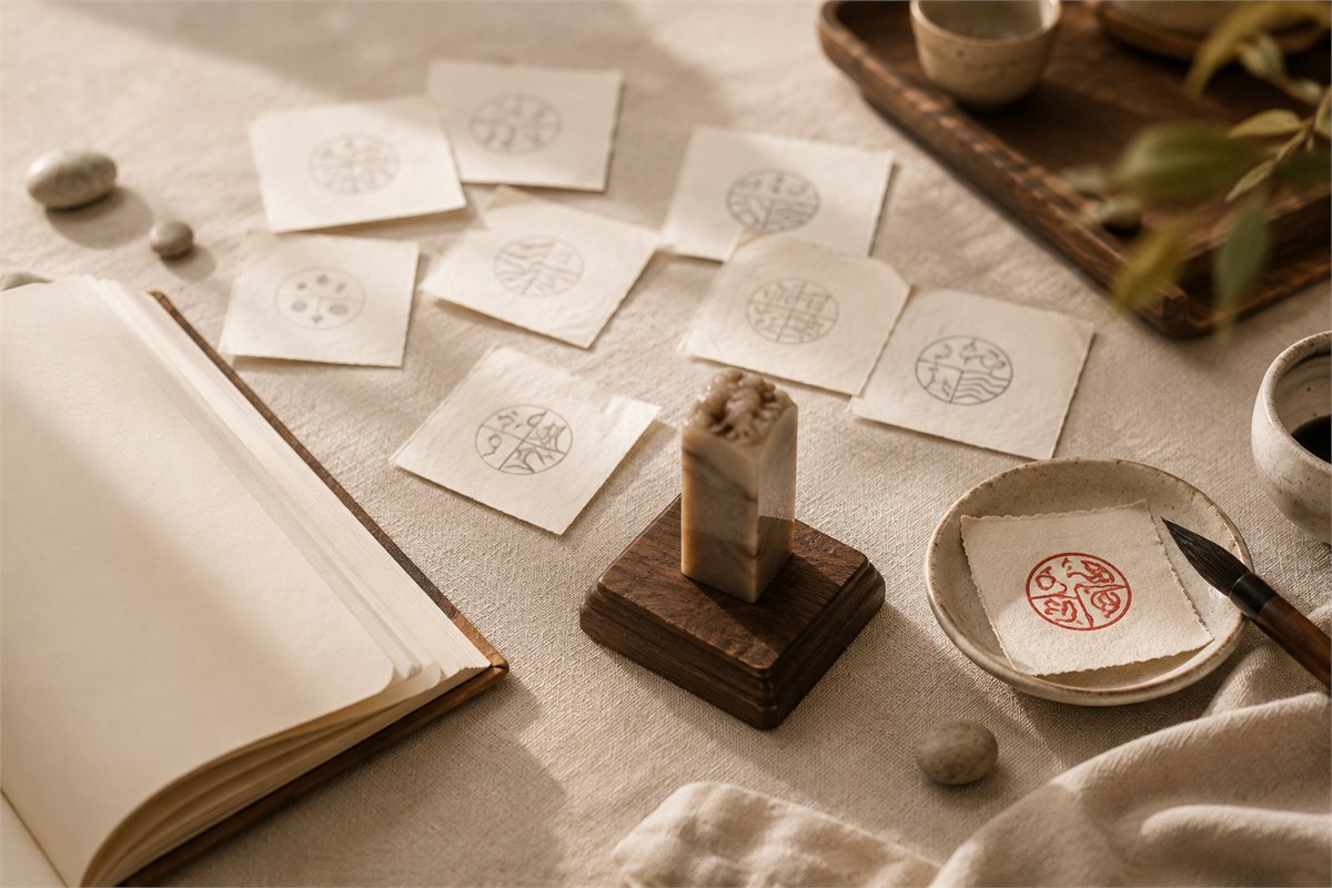 Several abstract leading seal impression studies arranged for choosing a blessing or poetic phrase