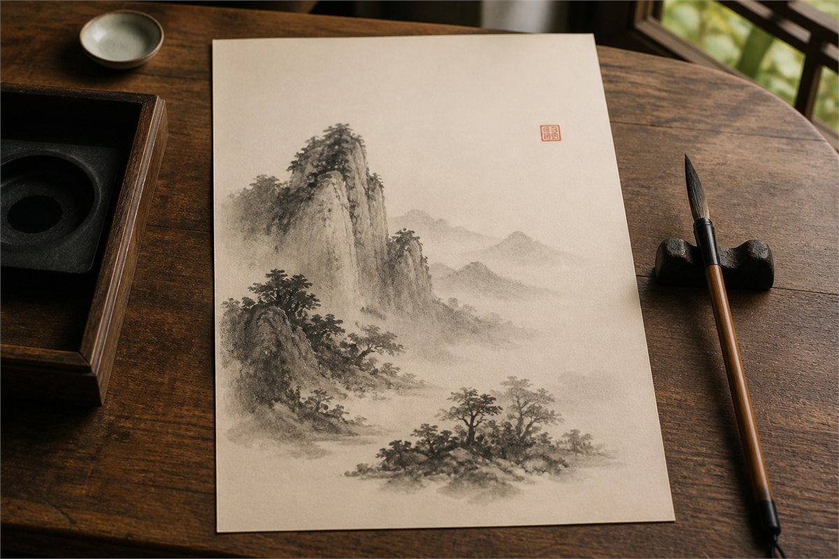 Ink landscape with a small red seal near the upper-right opening area