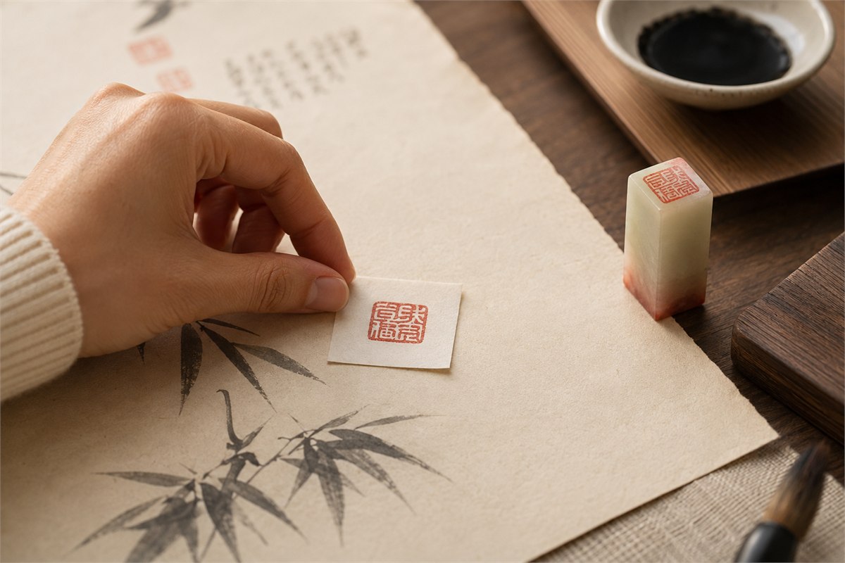 Hands moving a true-size paper seal facsimile across the margin of a calligraphy work