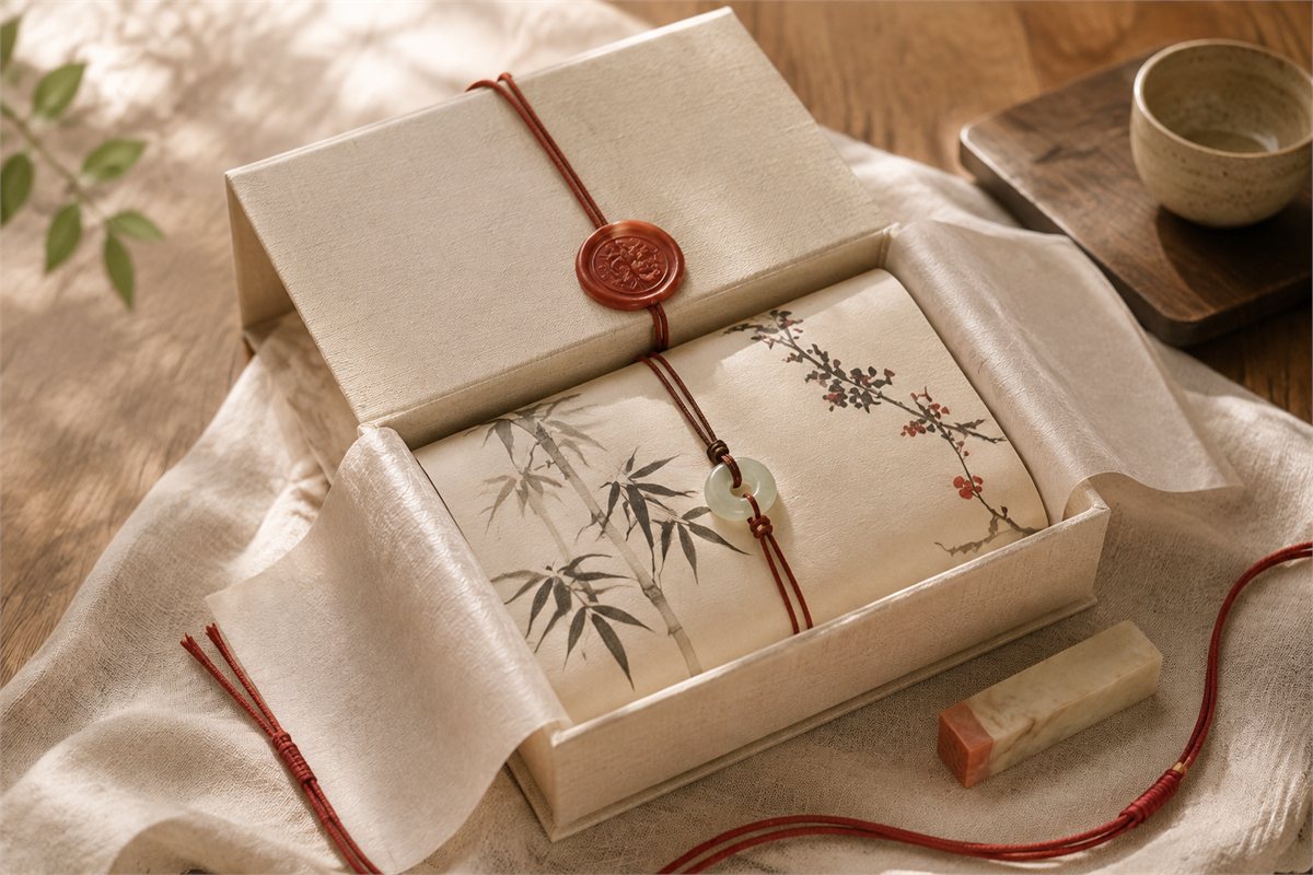 Carved seal presented in a warm gift setting beside a peaceful ink painting