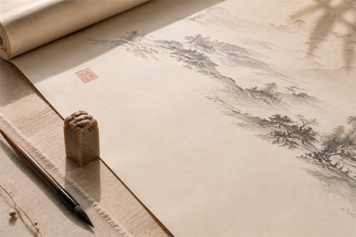 Carved leading seal beside a nearly finished ink landscape with one small red opening impression