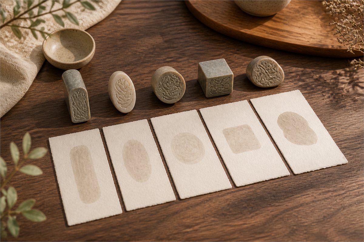 Five carved seal forms including oblong, oval, round, gourd, and irregular shapes on pale paper