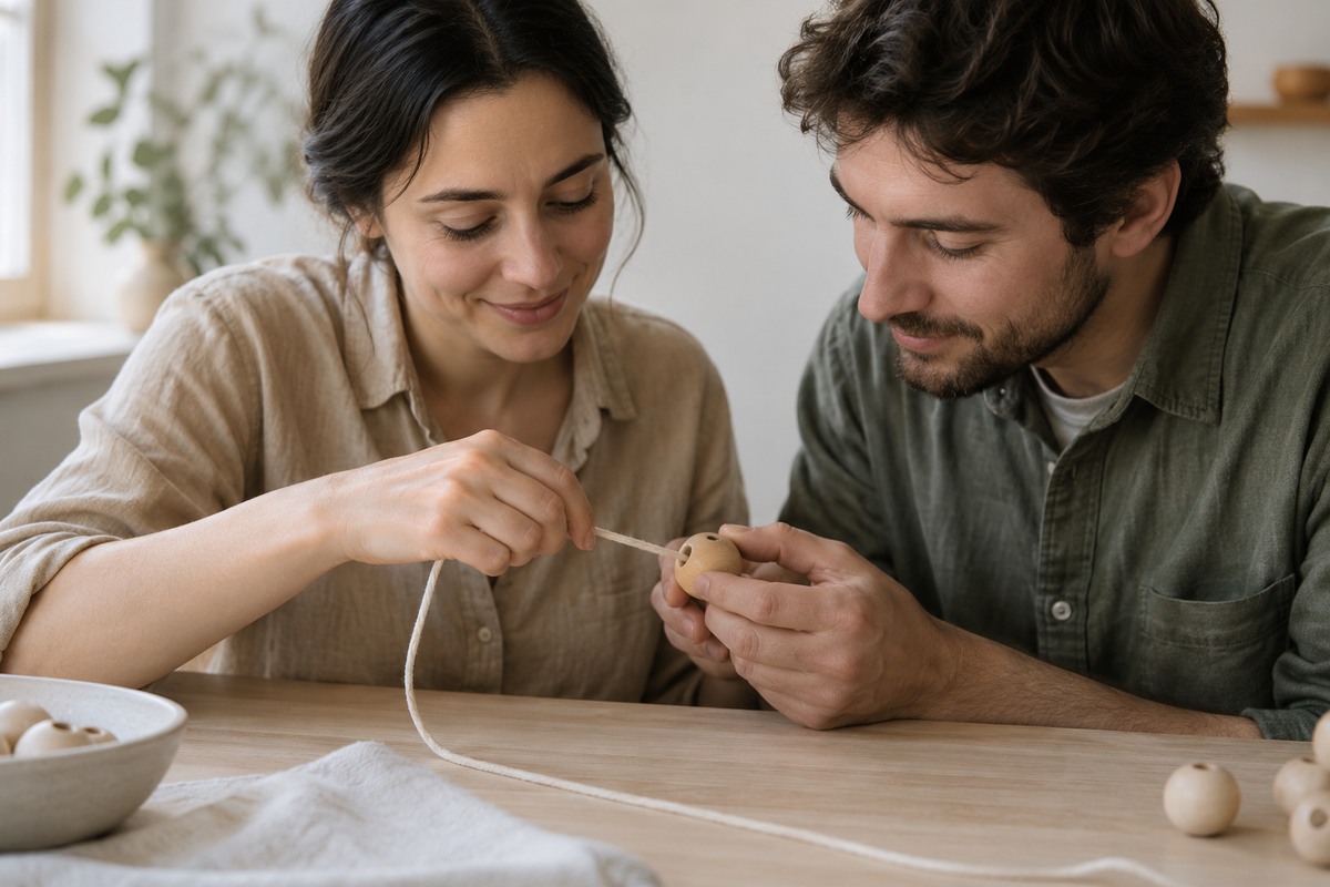 Two adults work together to thread a large wooden bead onto a simple cord.