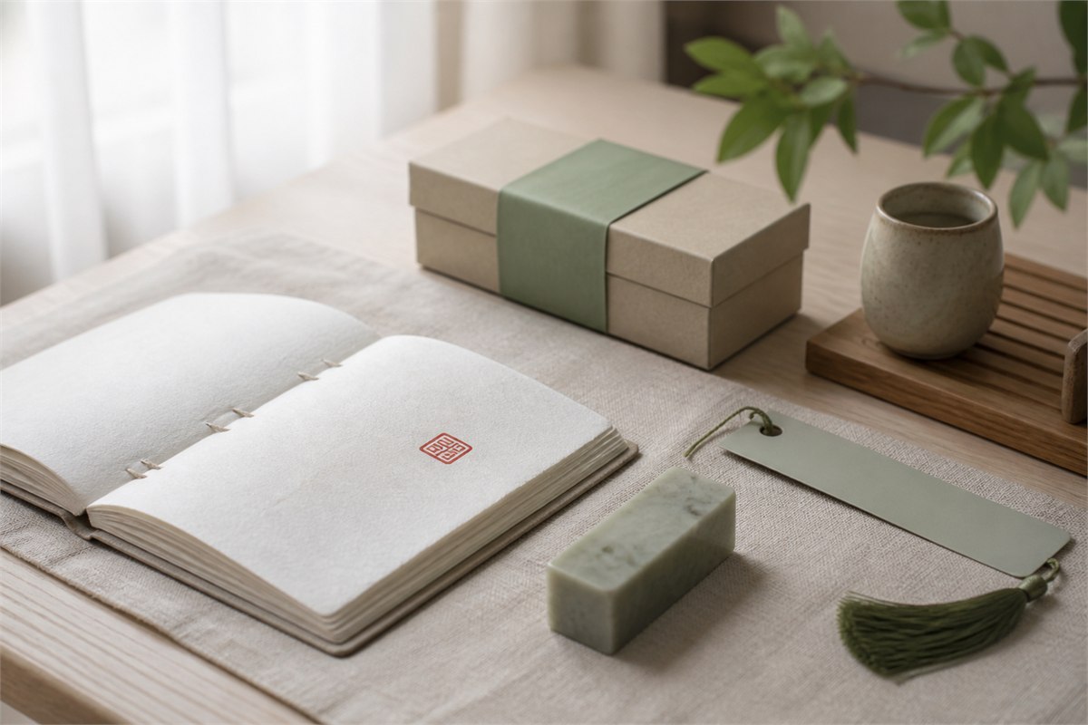 Stone seal beside a handmade journal, bookmark, tea cup, and gift box