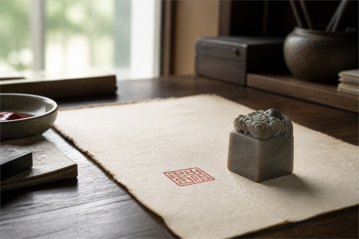 Stone leisure seal beside a red impression on handmade paper