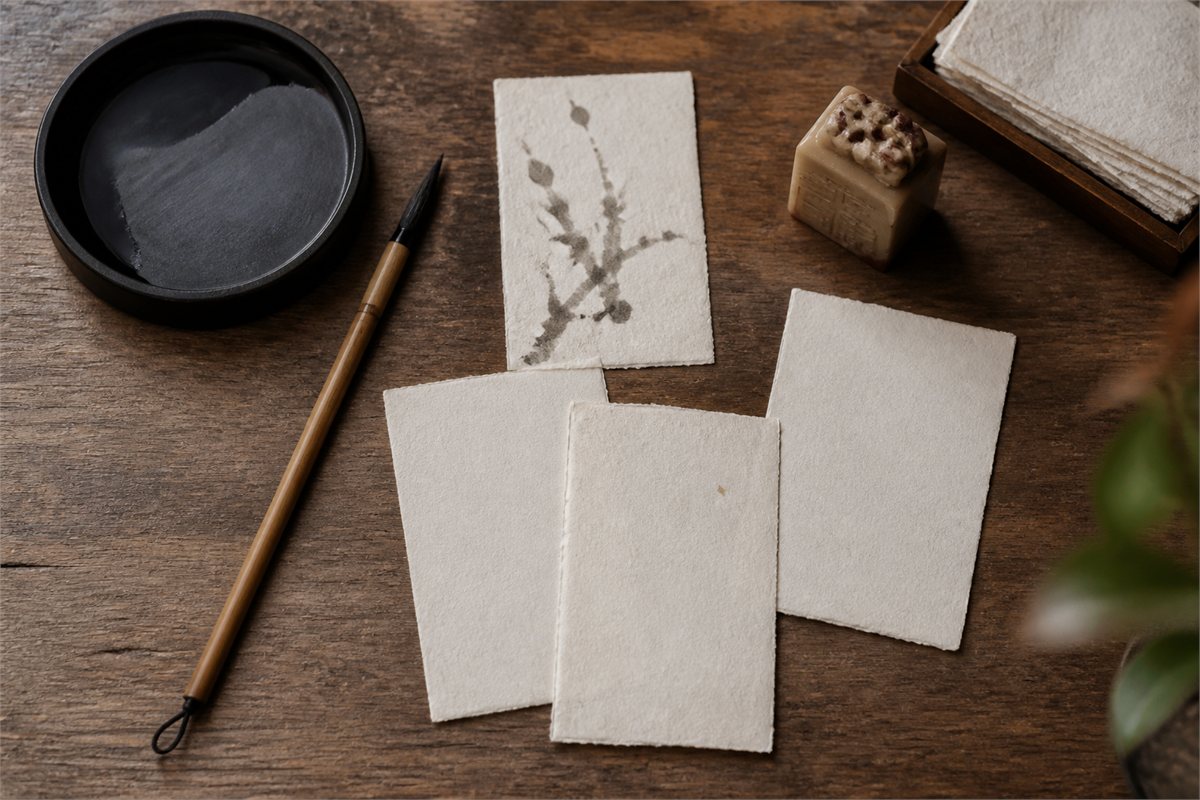Brush, inkstone, paper slips, and stone seal arranged on a wooden desk