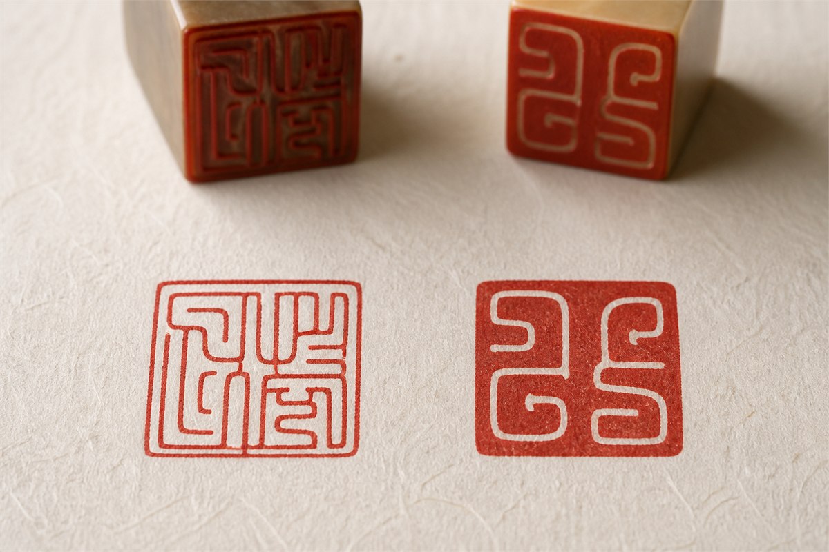 Two red leisure seal impressions showing linework and red-field treatments