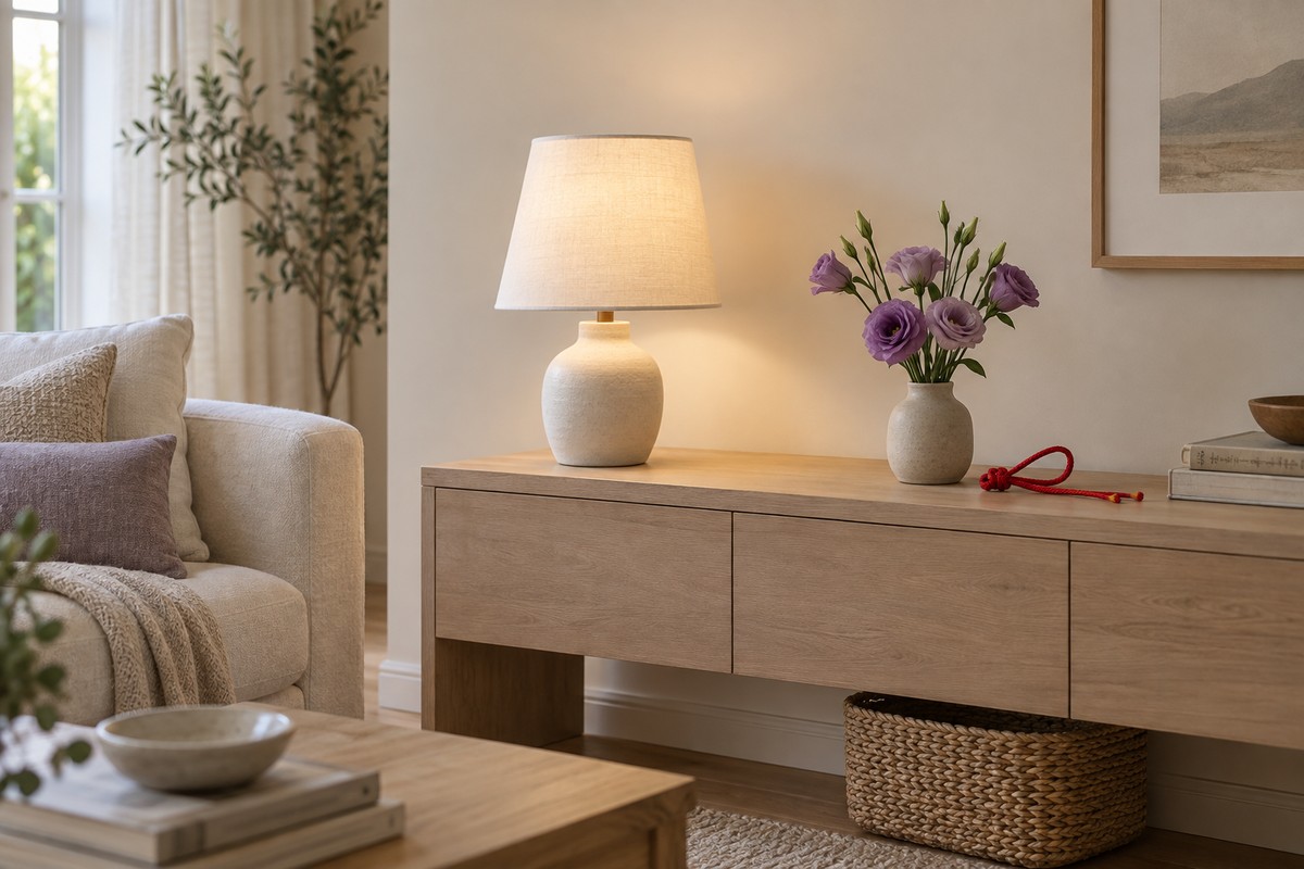 A softly lit table lamp, purple flowers, and a small red cord on a wooden console.