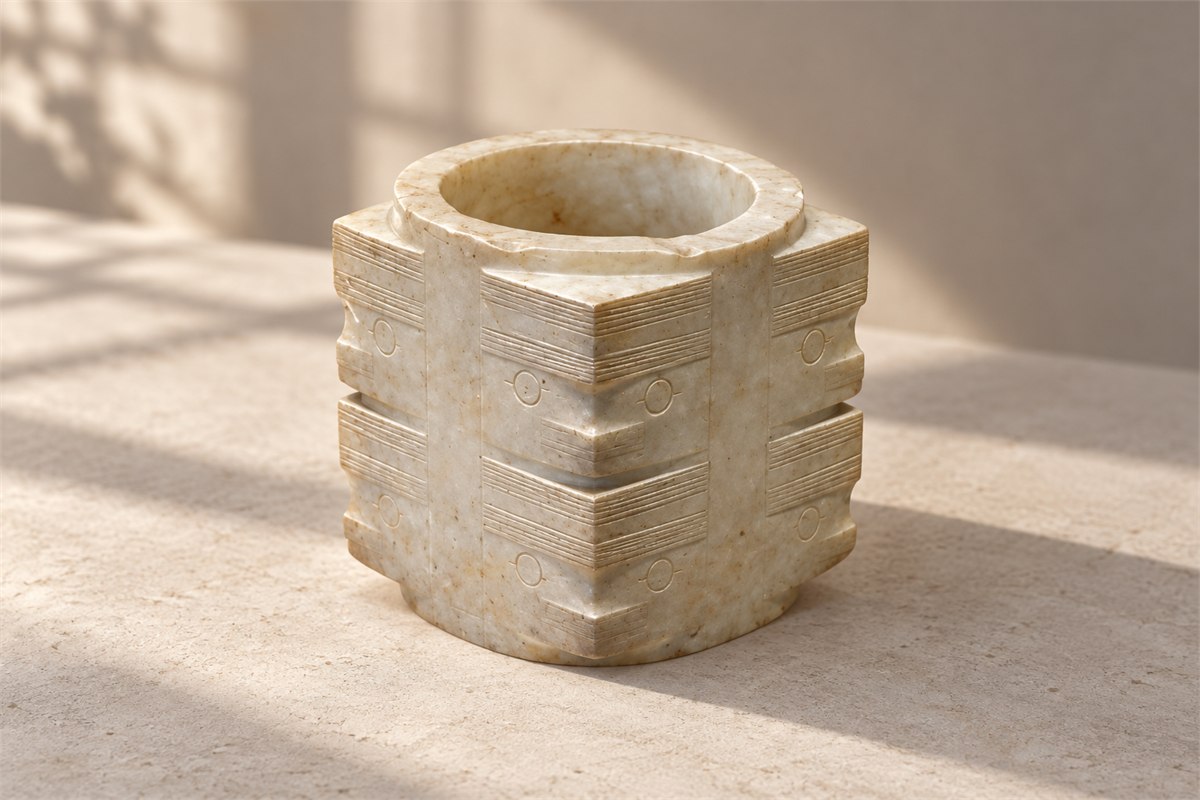 Ivory cong-shaped model with a circular opening, paired eyes and horizontal bands.