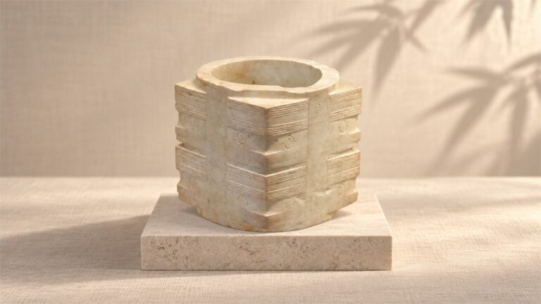 Ivory cong-shaped model with corner eyes and fine bands on a cream plinth.