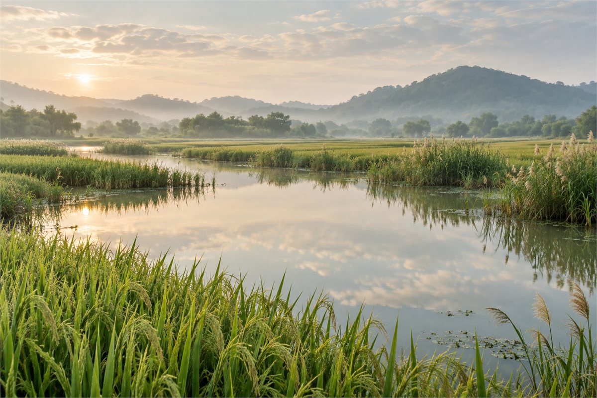 Rice plants and reeds border still water beneath low hazy hills.