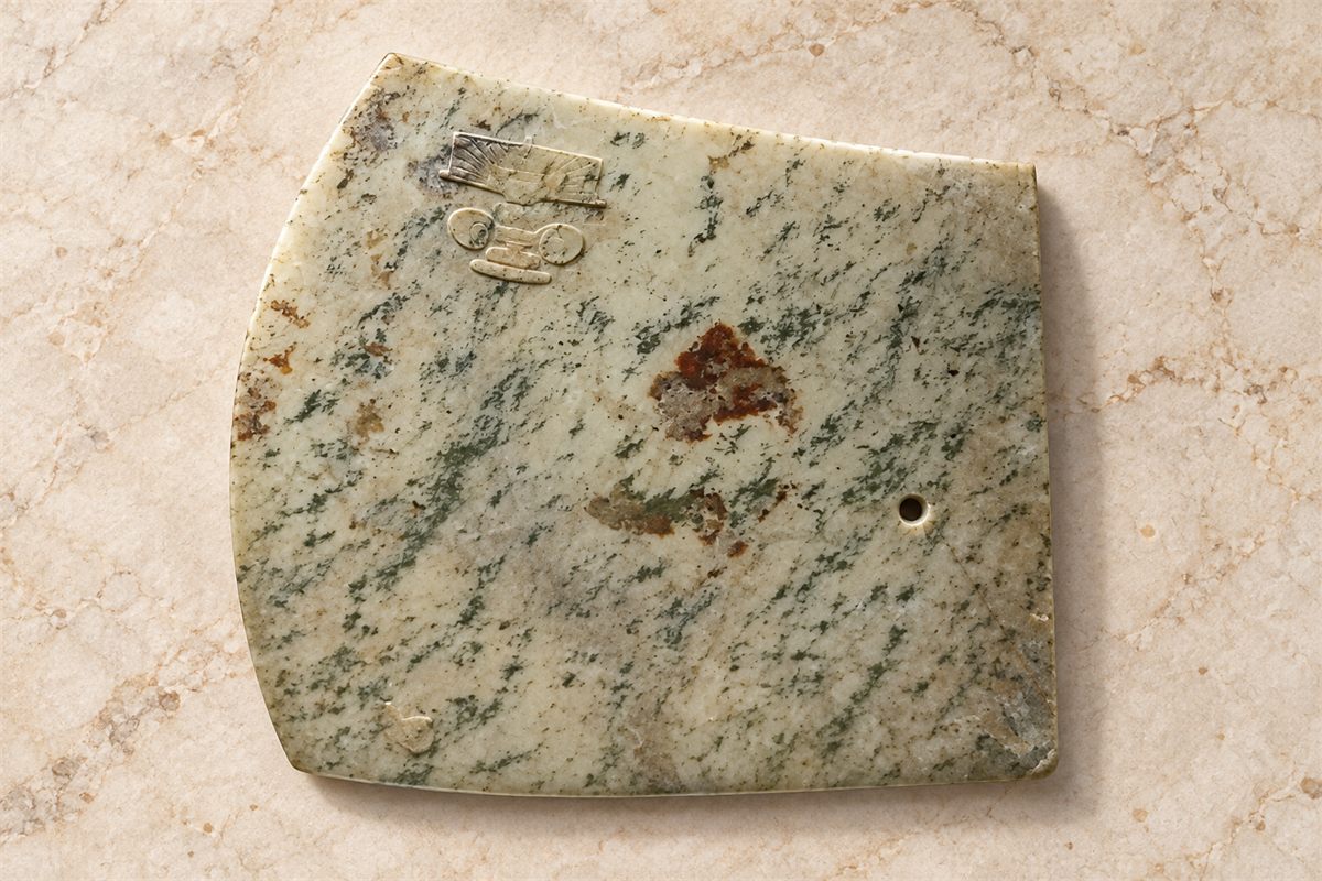 Broad pale stone axe-shaped model with a small opening and a paired-eye design.