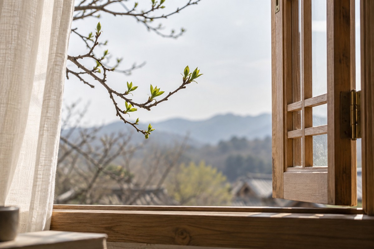 Small fresh buds on a branch outside a softly lit window.