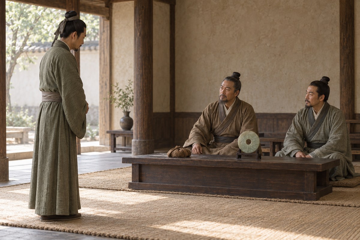 A robed envoy stands before two seated advisers in a simple sunlit hall.