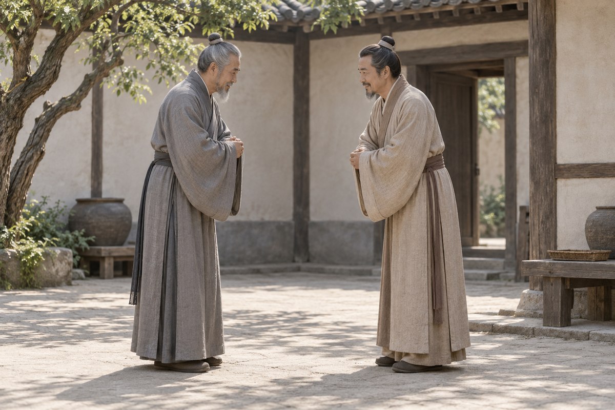 Two older robed men greet each other with respectful clasped hands in a quiet courtyard.