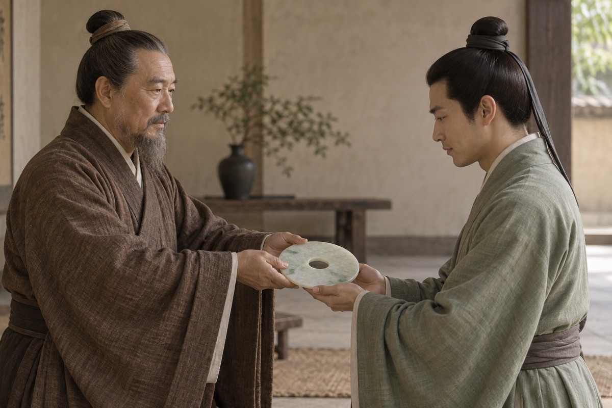 Two robed men carefully pass a jade disc between them in a quiet hall.