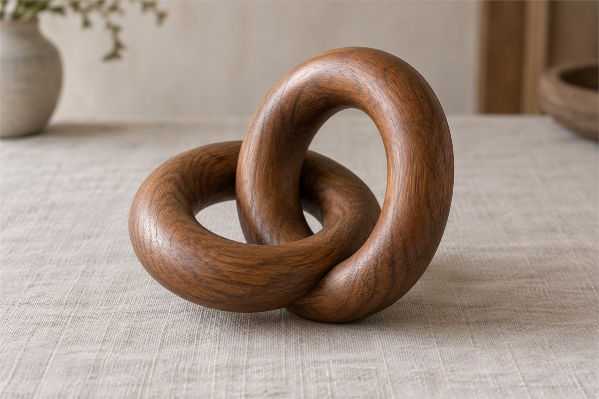 Two interlinked wooden hand rings rest on a neutral linen surface.