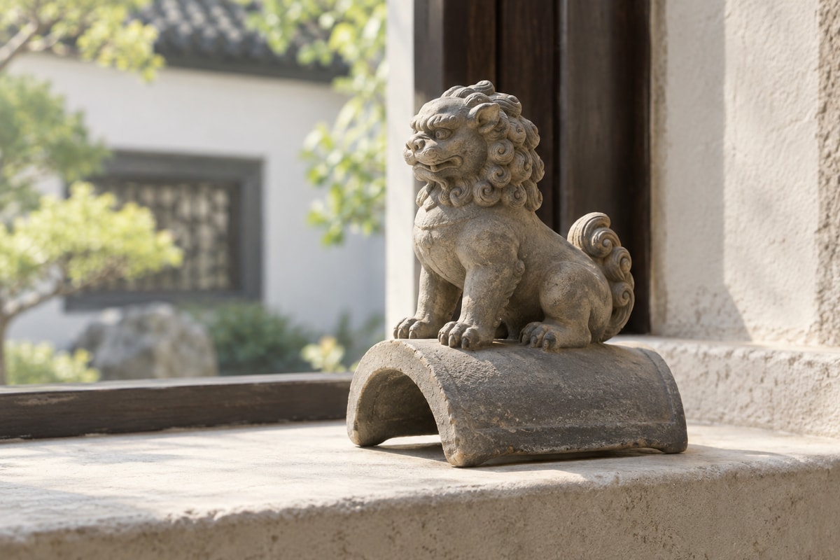 A gray ceramic lion on a curved tile base beside a courtyard window.