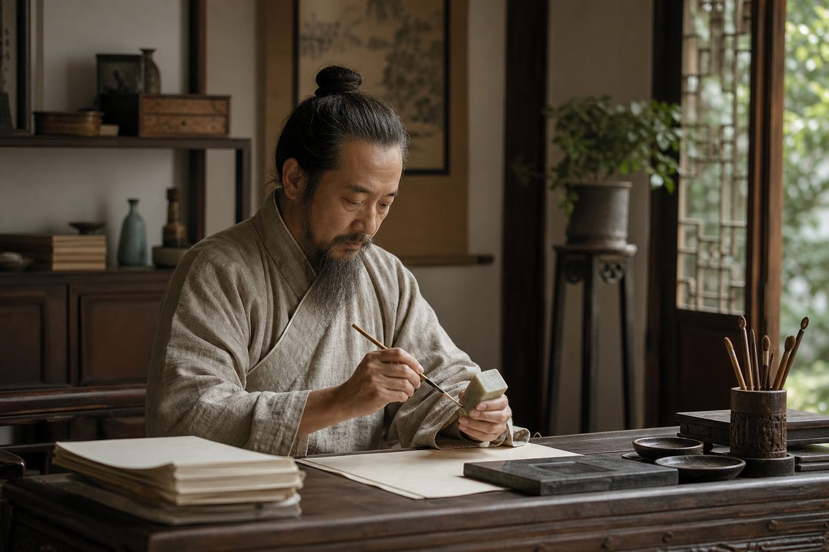 Scholar artisan studying a seal stone