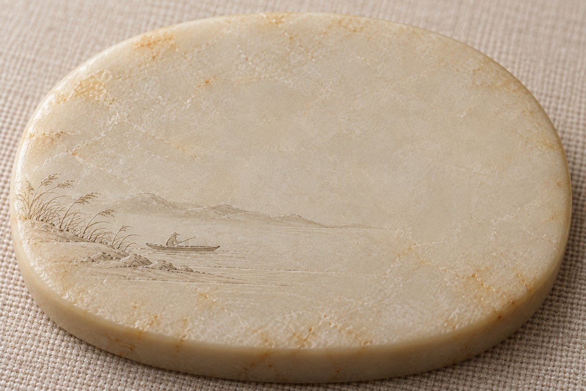 A tiny carved boat sits beside broad smooth ground on pale stone.