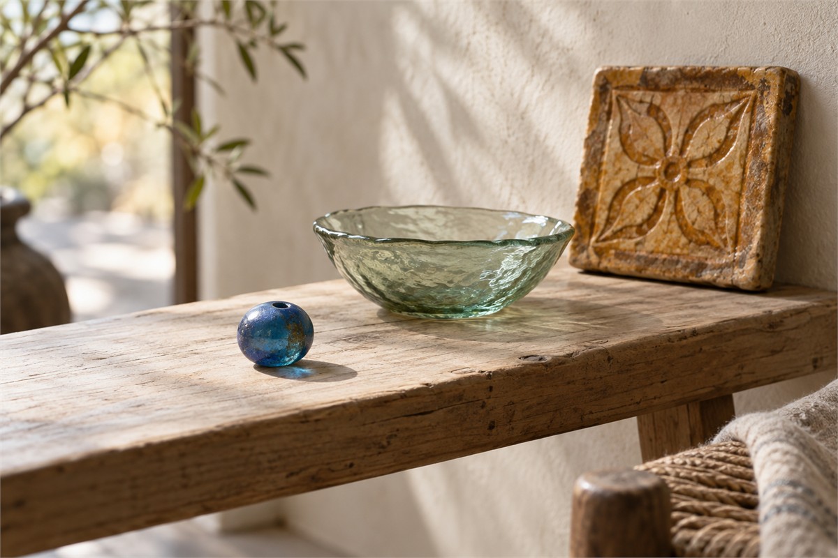 Blue bead, pale green glass bowl, and ochre ceramic tile on a wooden bench.
