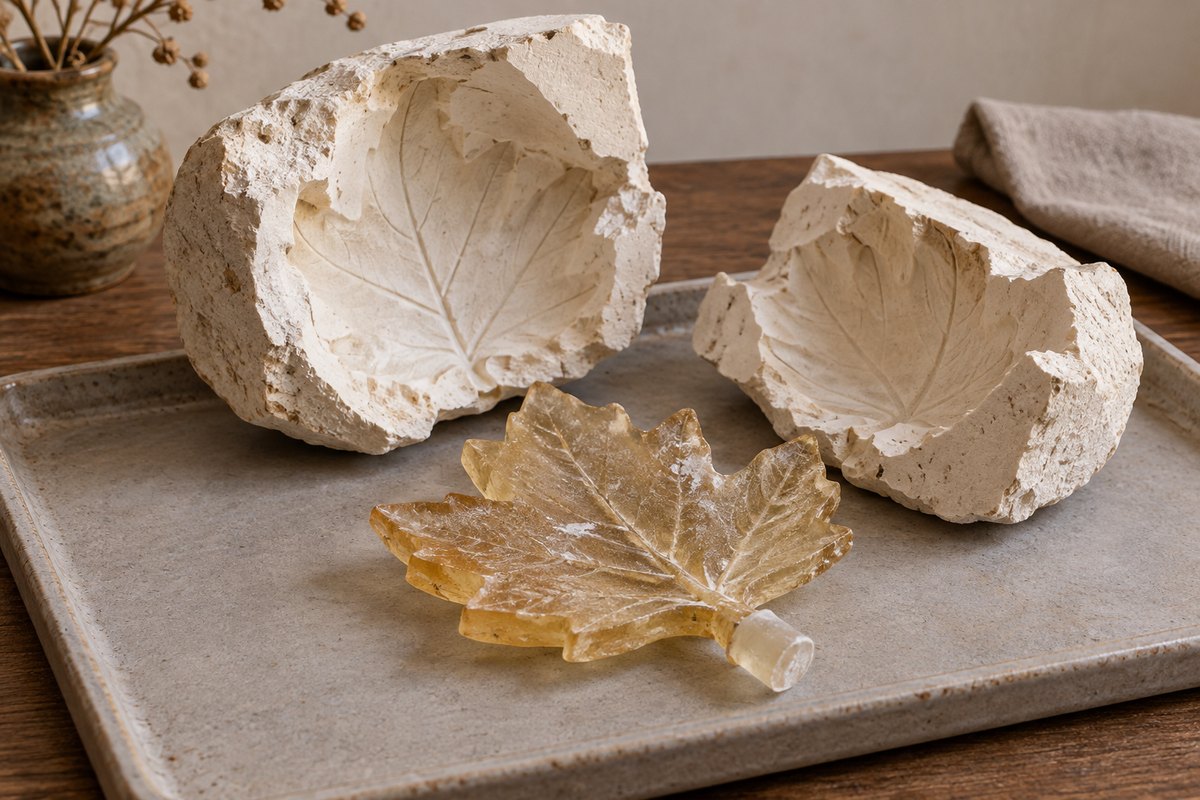 Amber glass leaf with light mold residue and a feed nub beside investment fragments.