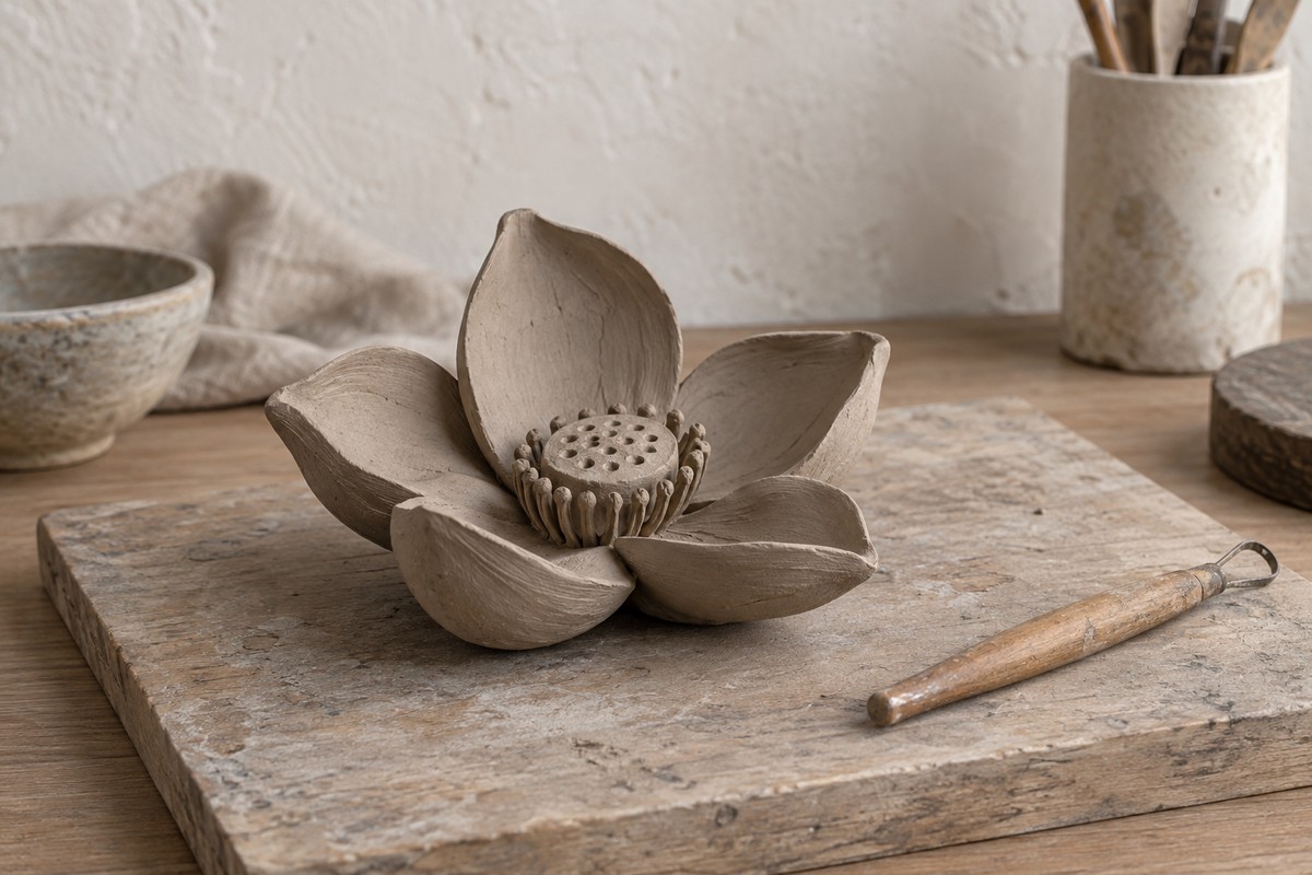 Matte clay lotus model beside a wooden-handled sculpting tool.