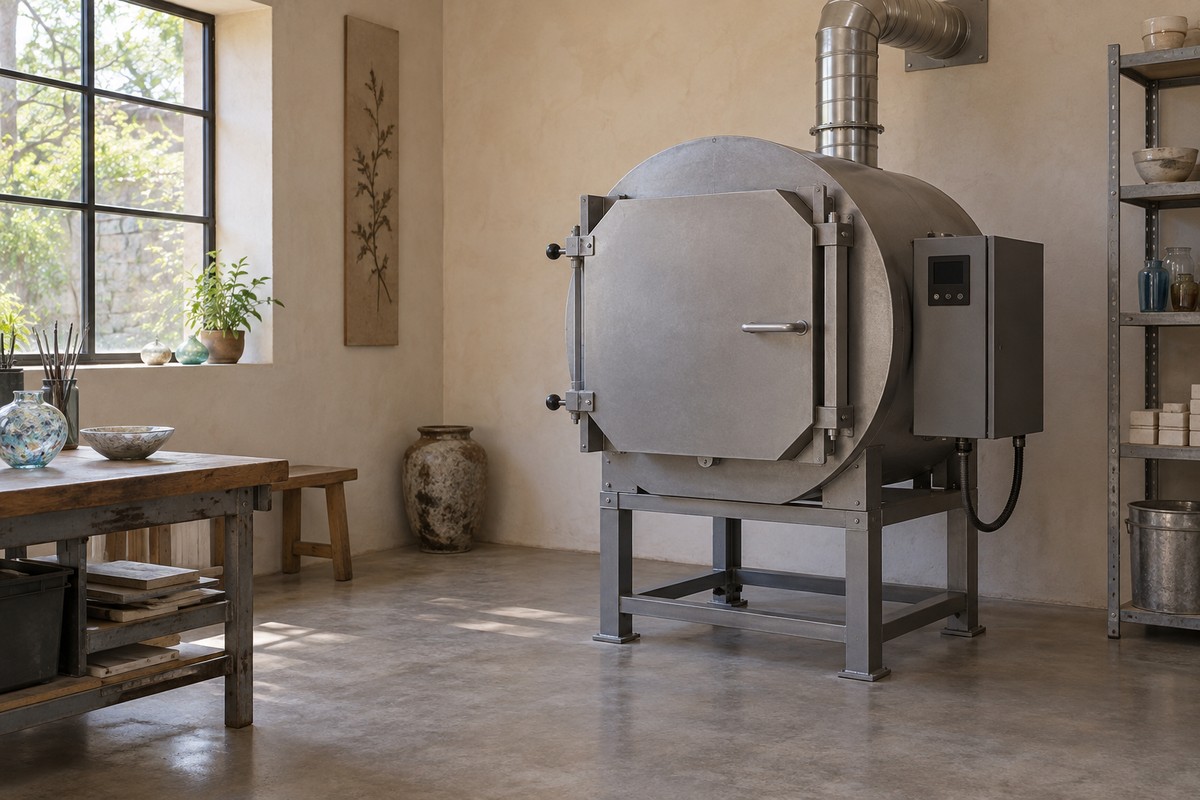 Closed metal studio kiln on a stand in a naturally lit workroom.