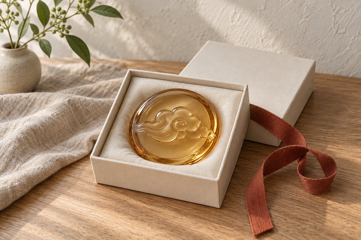 Round amber glass cloud keepsake in an ivory gift box beside a rust-red ribbon.