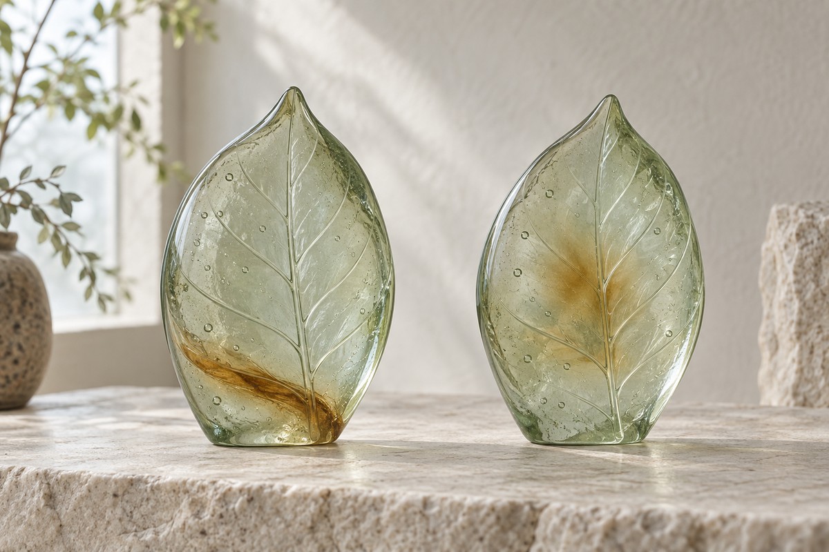 Two green glass leaves with matching outlines and different amber color patterns.