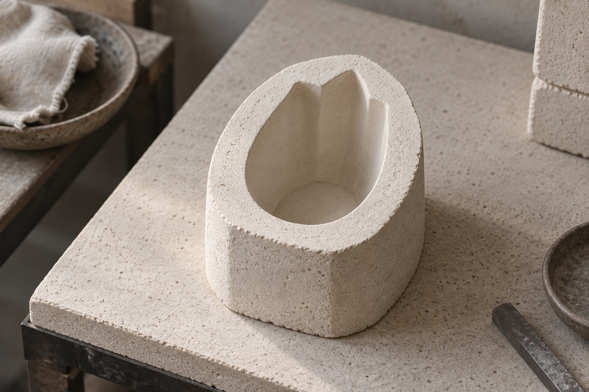 Empty oval cavity inside a thick ivory refractory mold on a studio shelf.