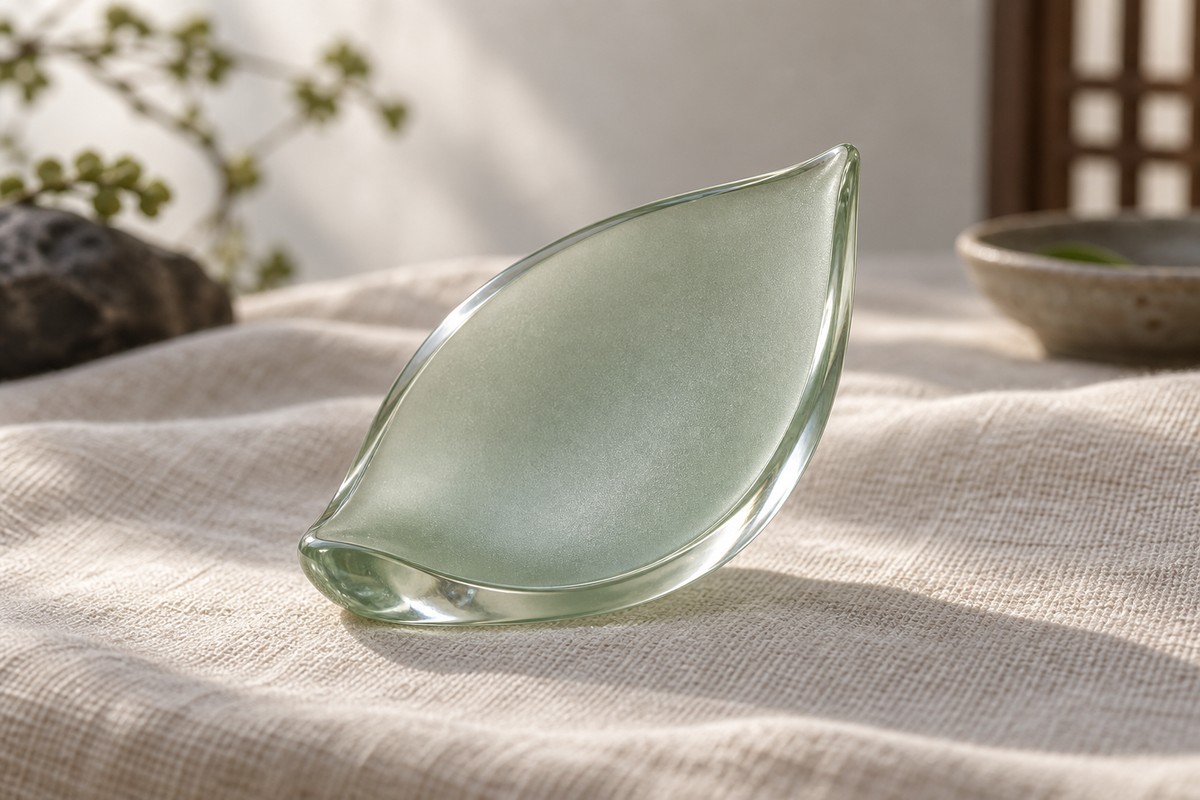 Pale green glass petal with a frosted face and a clear rounded rim on linen.