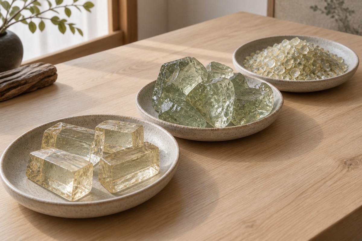 Three shallow trays holding glass blocks, larger green chunks, and small glass frit.