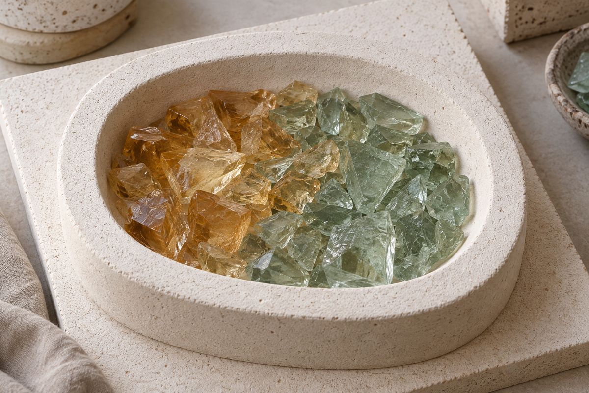Cold amber and pale green glass pieces arranged inside an ivory open mold.