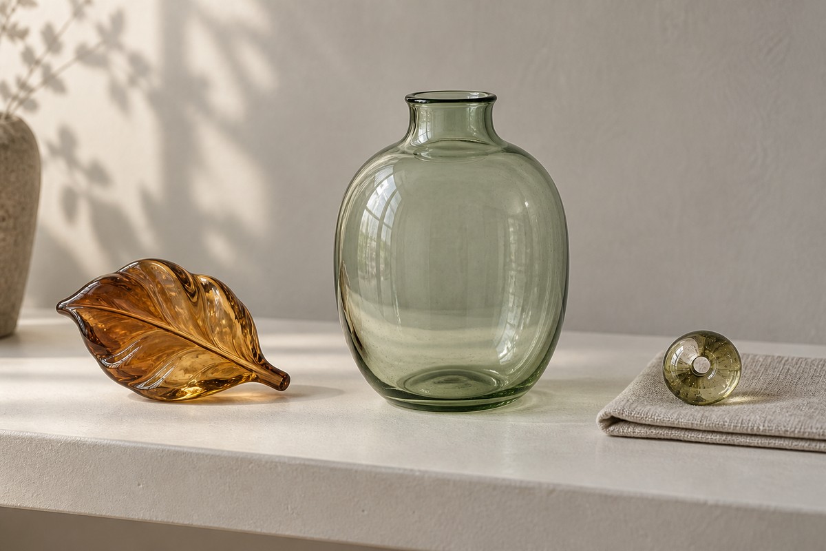 Amber glass leaf, pale green hollow vessel, and small pierced glass bead on a shelf.
