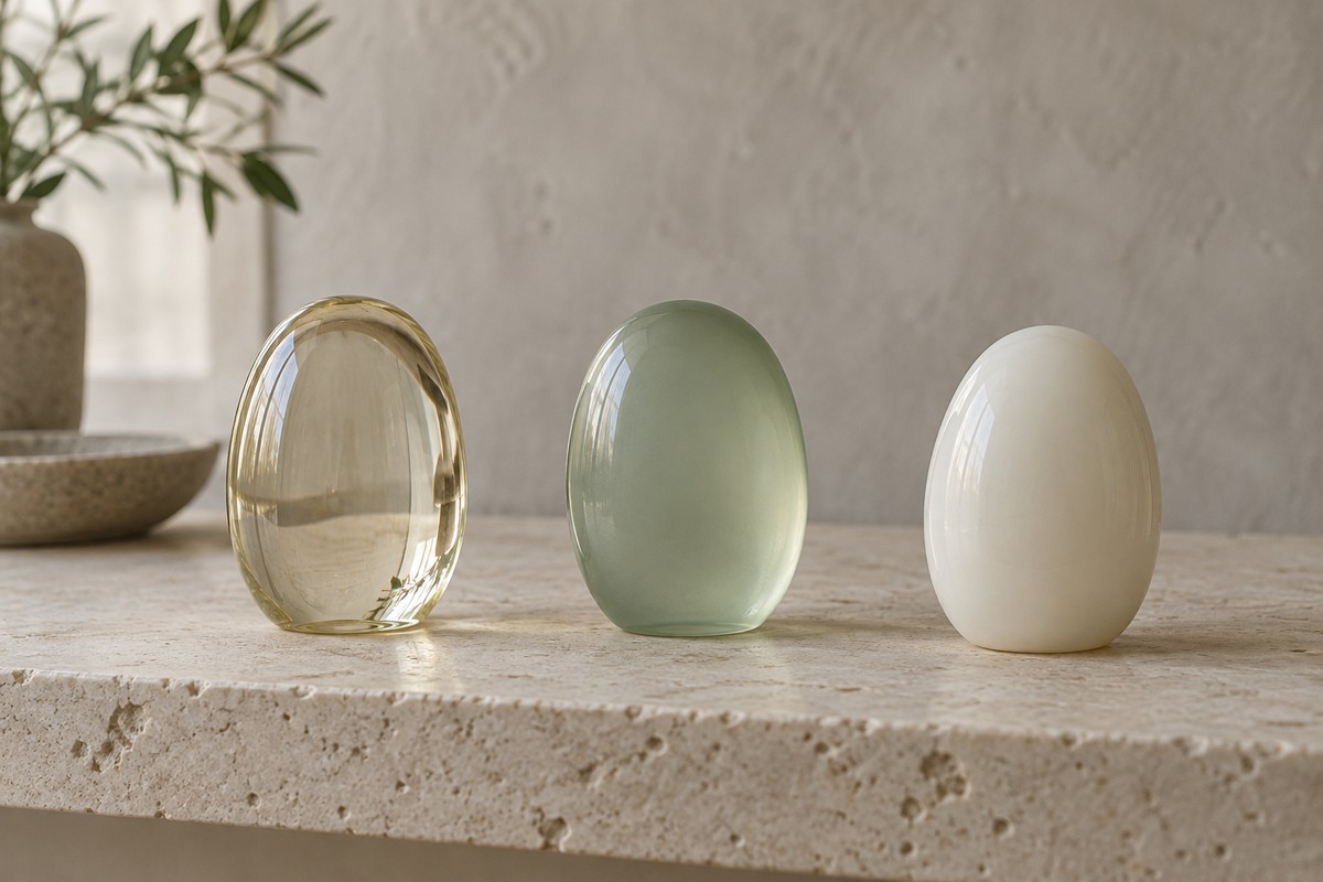 Three rounded glass forms in clear straw, translucent sage, and milky ivory.