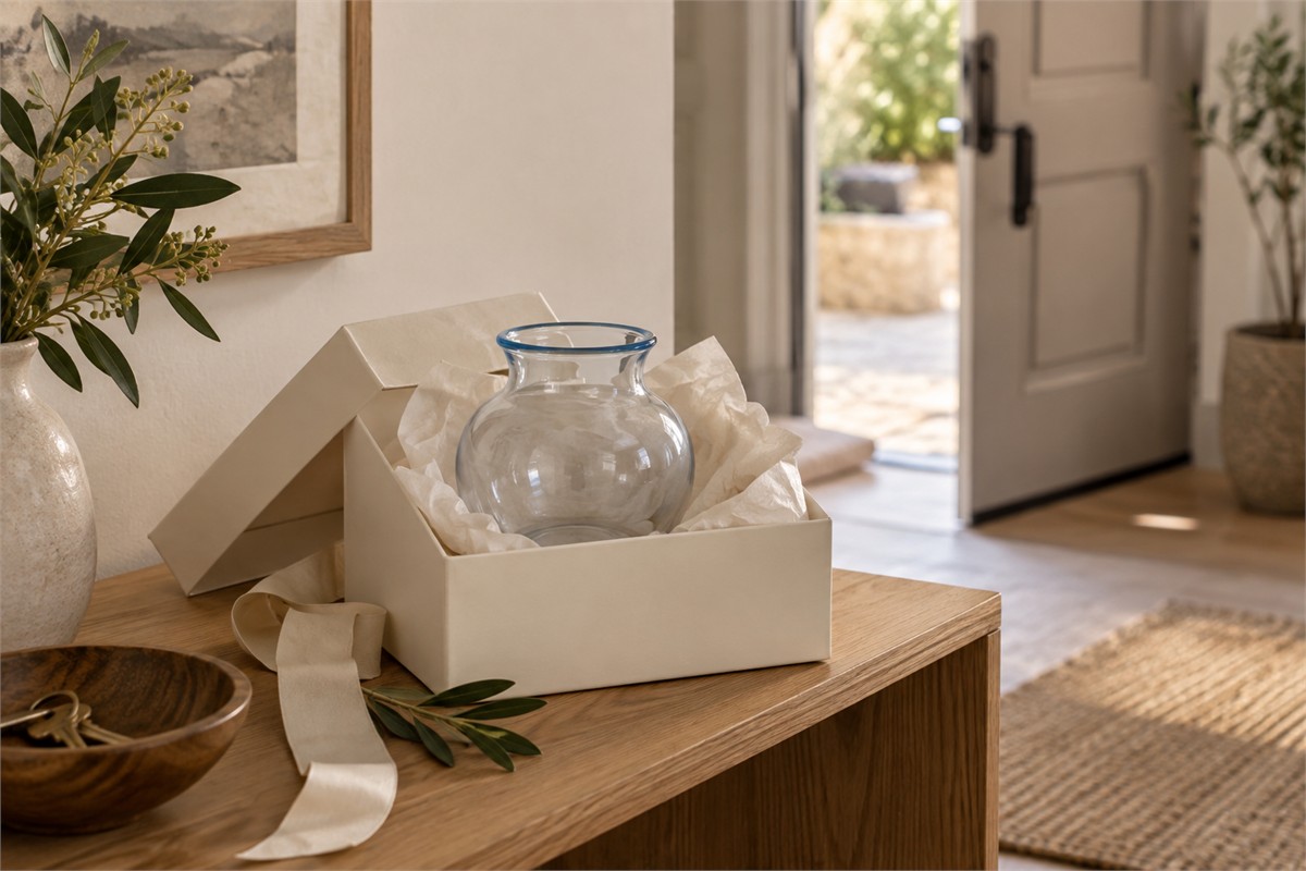 Clear glass vase with a blue rim in an ivory gift box near a doorway.