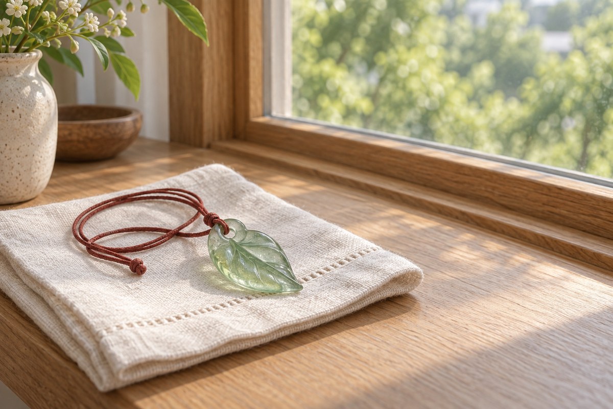 Pale green glass leaf pendant with a red cord on folded linen by a window.
