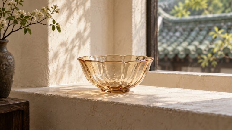 Amber glass bowl in a cream window alcove with tiled roofing outside.