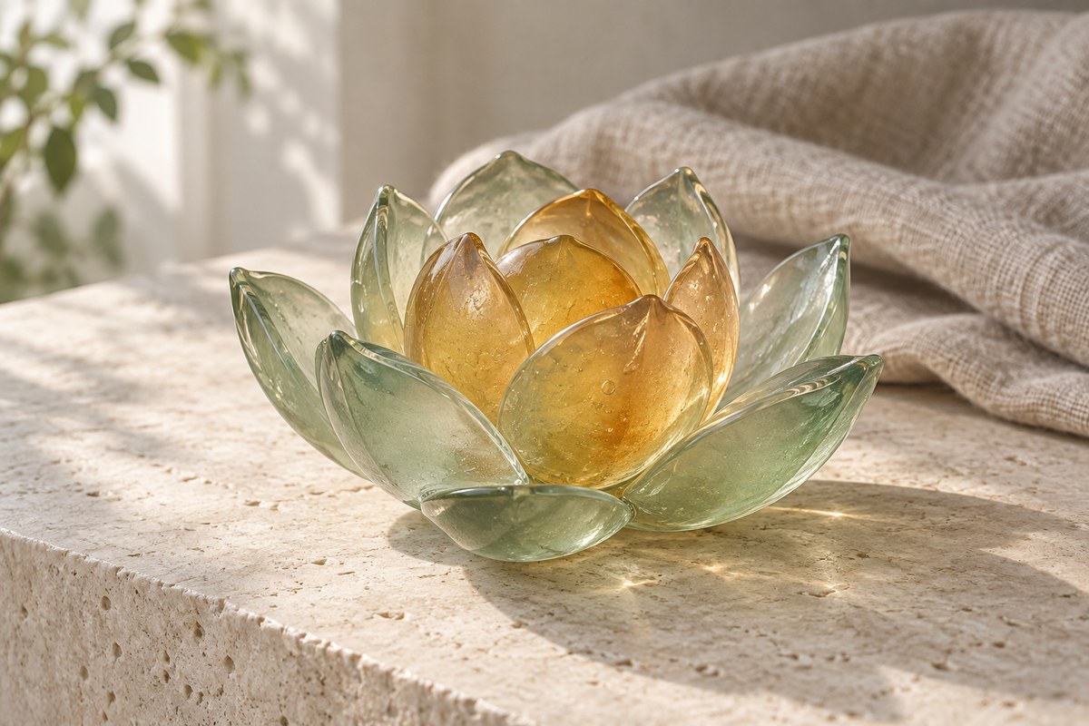 Translucent amber and pale green glass lotus on a limestone surface.
